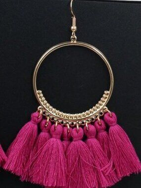 Dark Pink Fashion Jewelry Bohemian Hoop Earrings Handmade Tassels